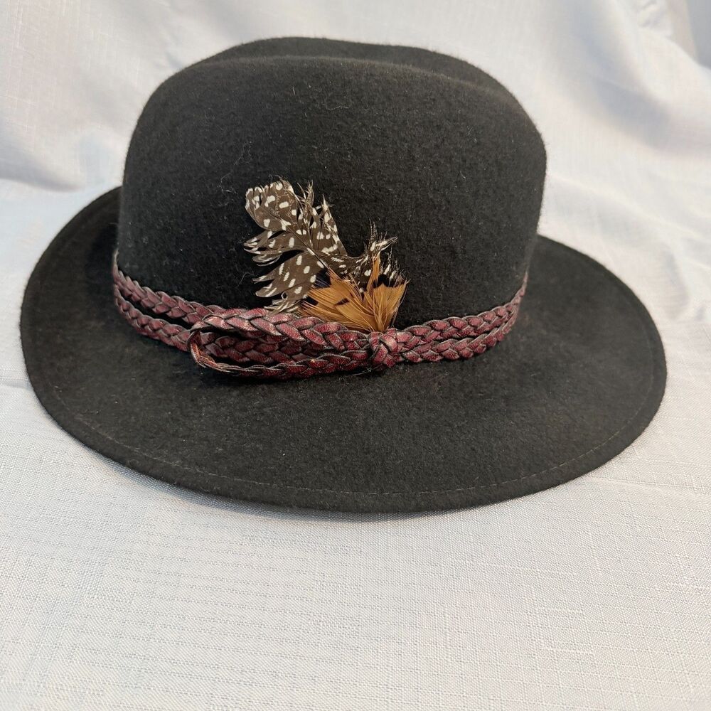 Lancaster Don Anderson Black Felt Fedora Hat Feather Braided Band Size 7